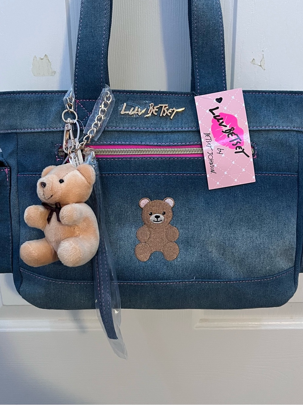 Luv Betsey blue denim teddy bear bag